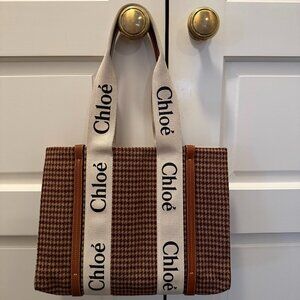 Chloe Woody Tote: Medium, Color BlockedFelt with Beige Canvas Stripes and Handle